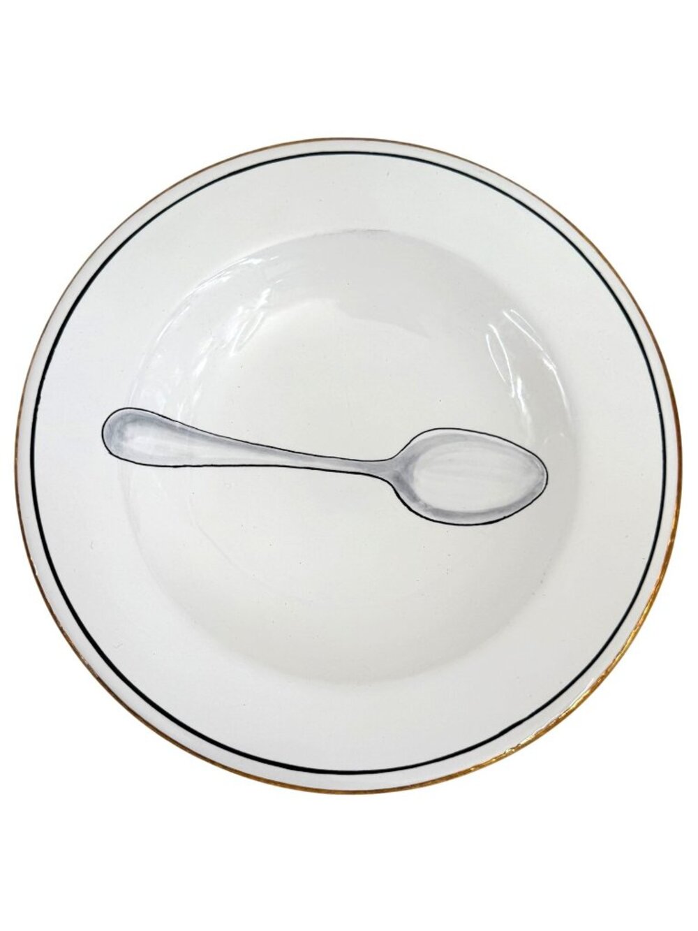 2 Peri Wolfman Posata Deruta Salad Soup Bowls Spoon Print Gold Rim Made In Italy - Picture 6 of 8